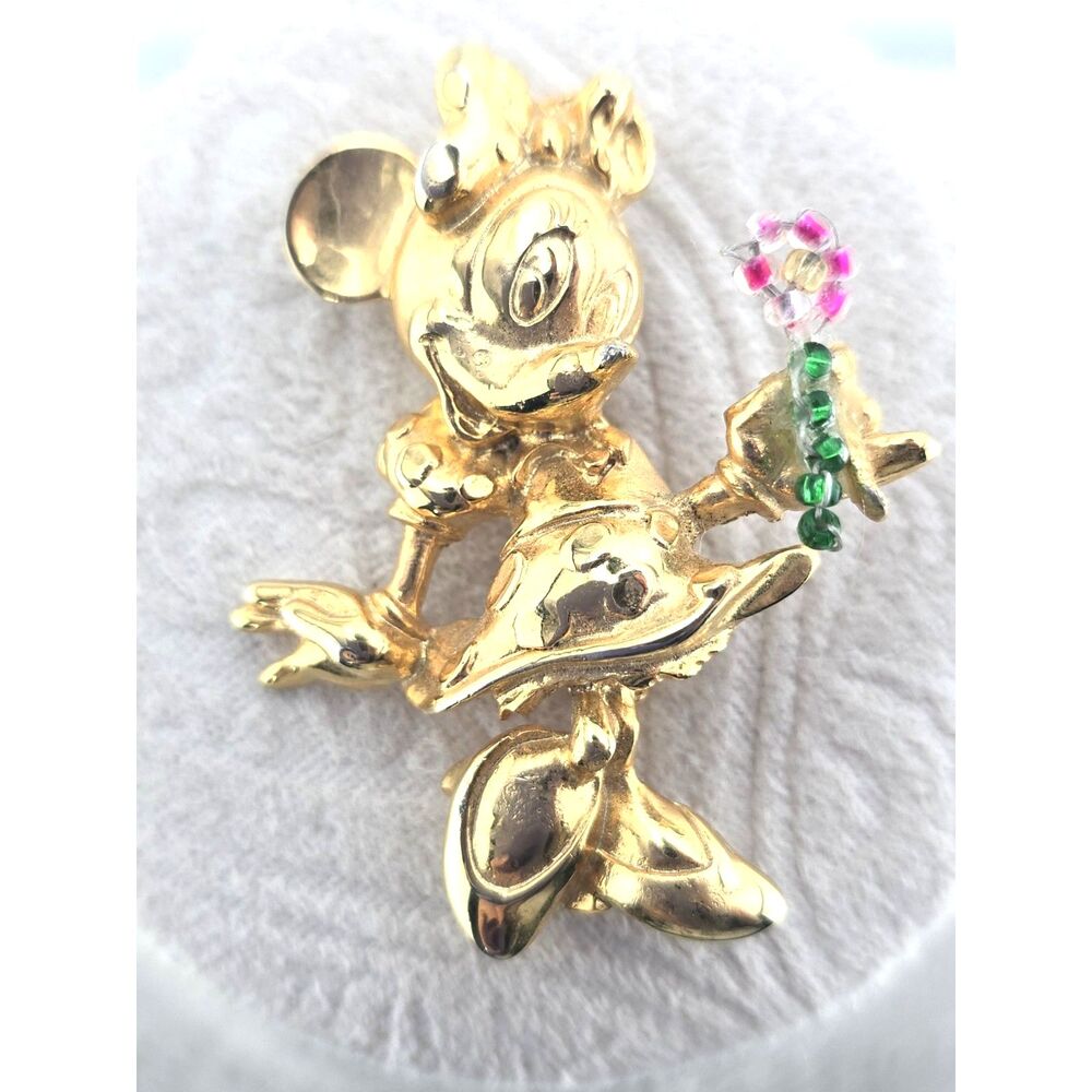 Vintage Disney Minnie Mouse Brooch Pin Flower Power Gold Plate Y2K 80's 90's